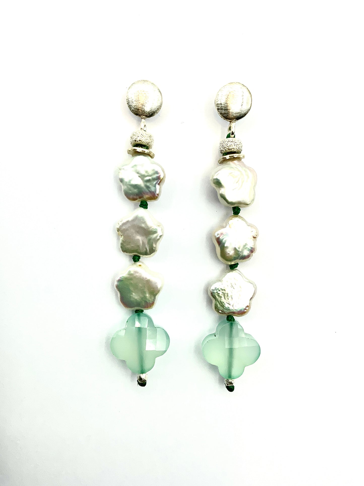 # 45 White Star Pearls & Green Amethyst & Rose Quartz Drops