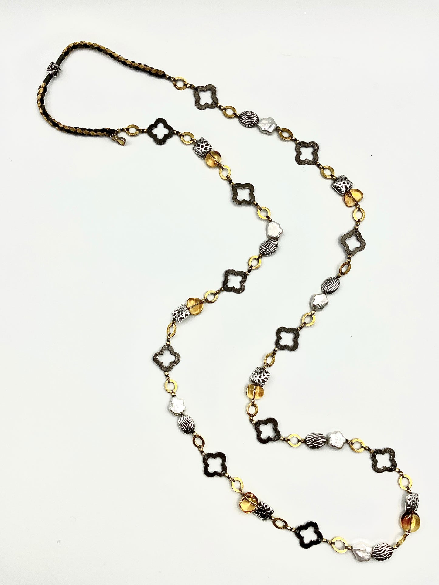 #24 Black & White Silver long necklace , Citrine nuggets , flower Pearls