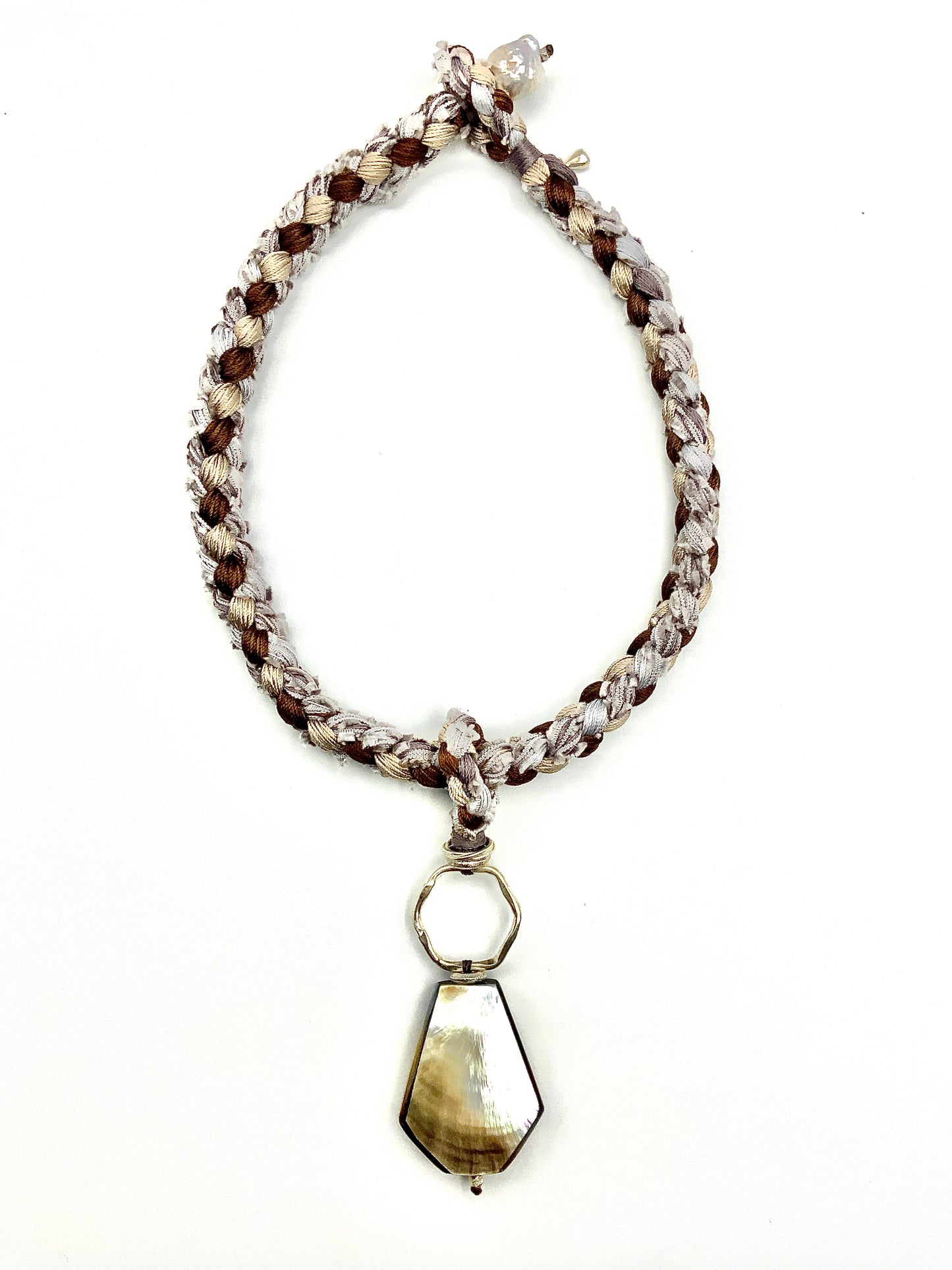 # 14 Hand Woven Silk Thread Cord Choker & Mother of Pearl Pendant