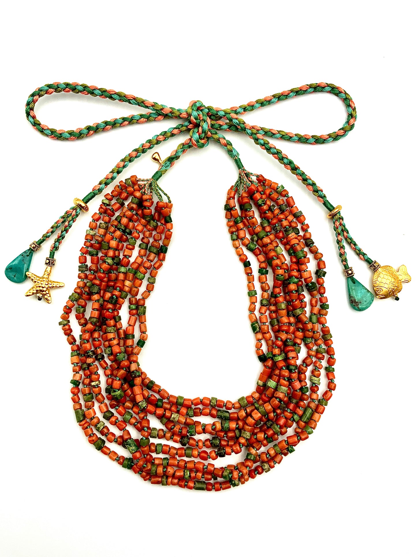 # 13 Multi Strand Necklace Coral & Serpentine Rondelles