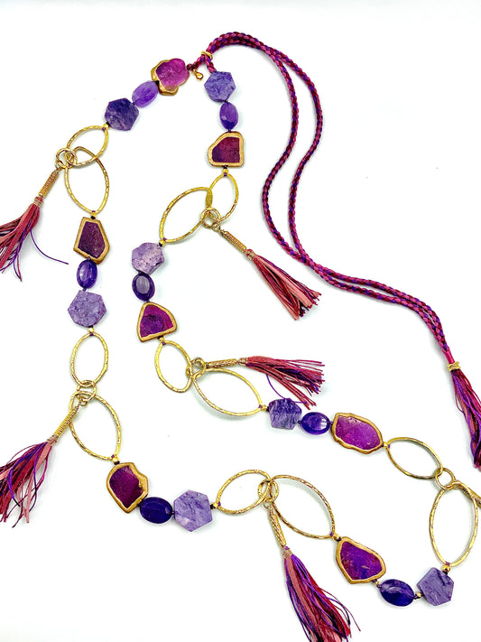 # 11 Long Amethyst , Turquoise , Choarite & Gold Plated Loops