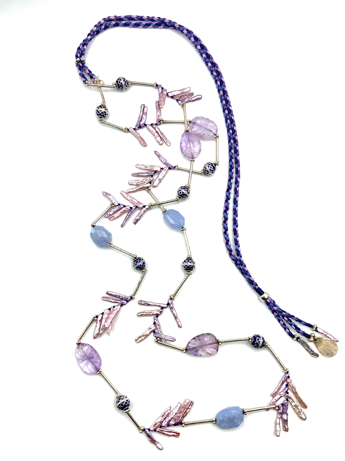 # 28 Amethyst , Blue Chalcedony , White Pearls Sticks & Silver Adjustable Long Necklace