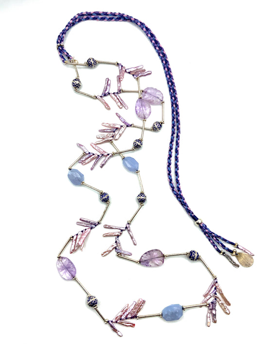 # 28 Amethyst , Blue Chalcedony , White Pearls Sticks & Silver Adjustable Long Necklace