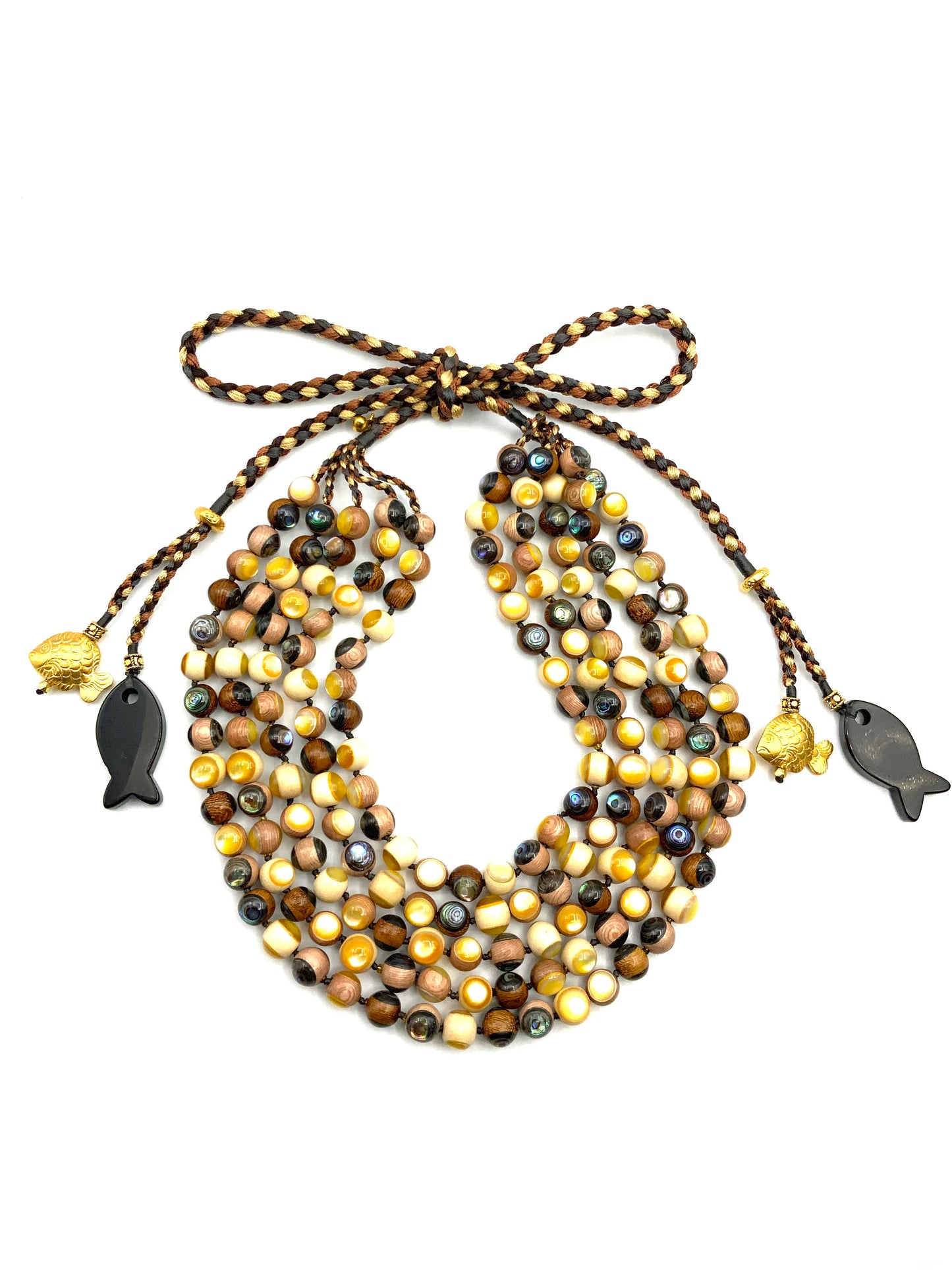 # 3 Multistrand Round Wood Inlaid Mother of Pearl Beads & Black Ónix & Gold Plated Sterling Silver Fish Pendants