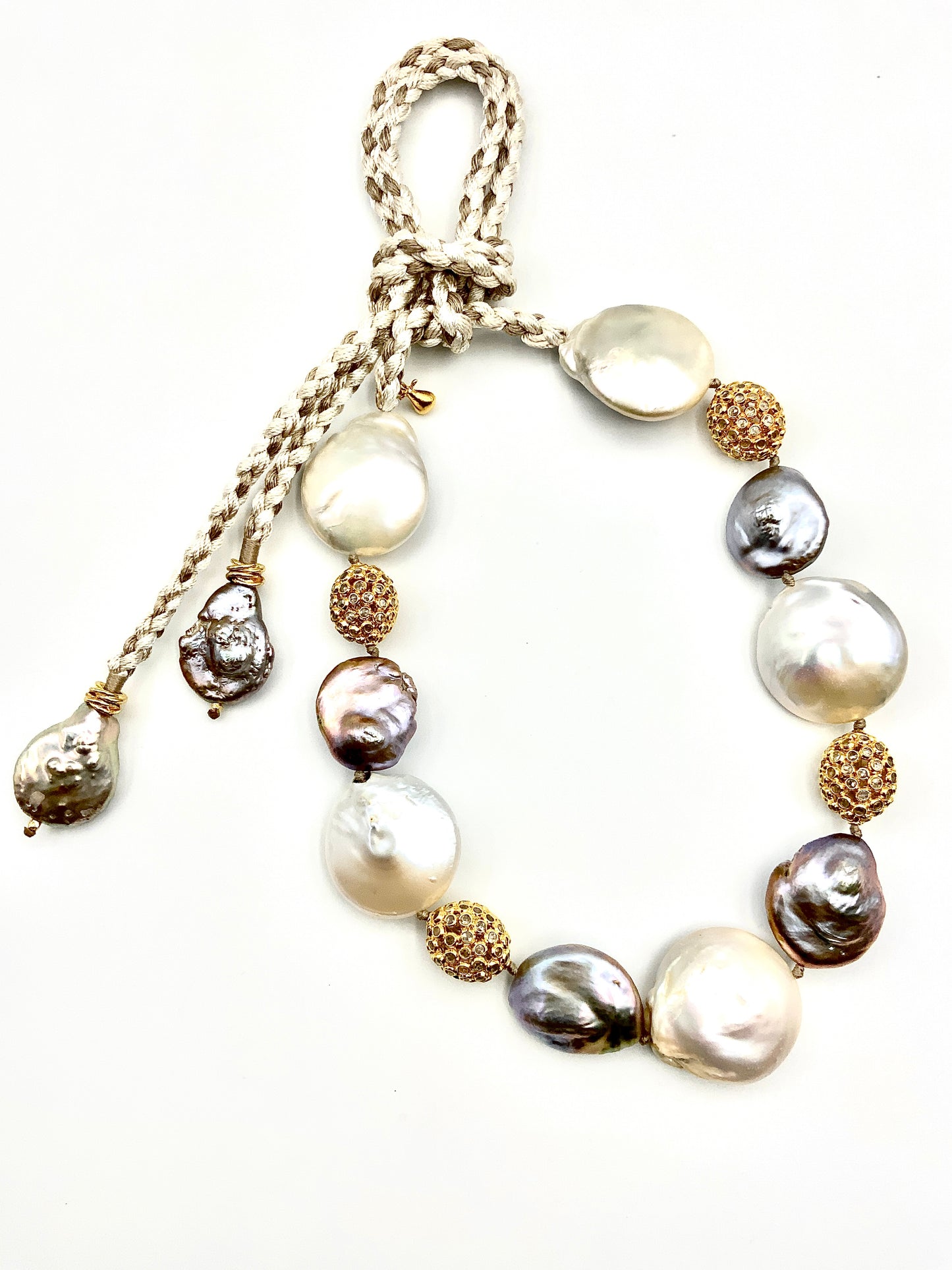 White & PEACKOCK Grey Coin Pearls & Gold Plated Silver Inlaid