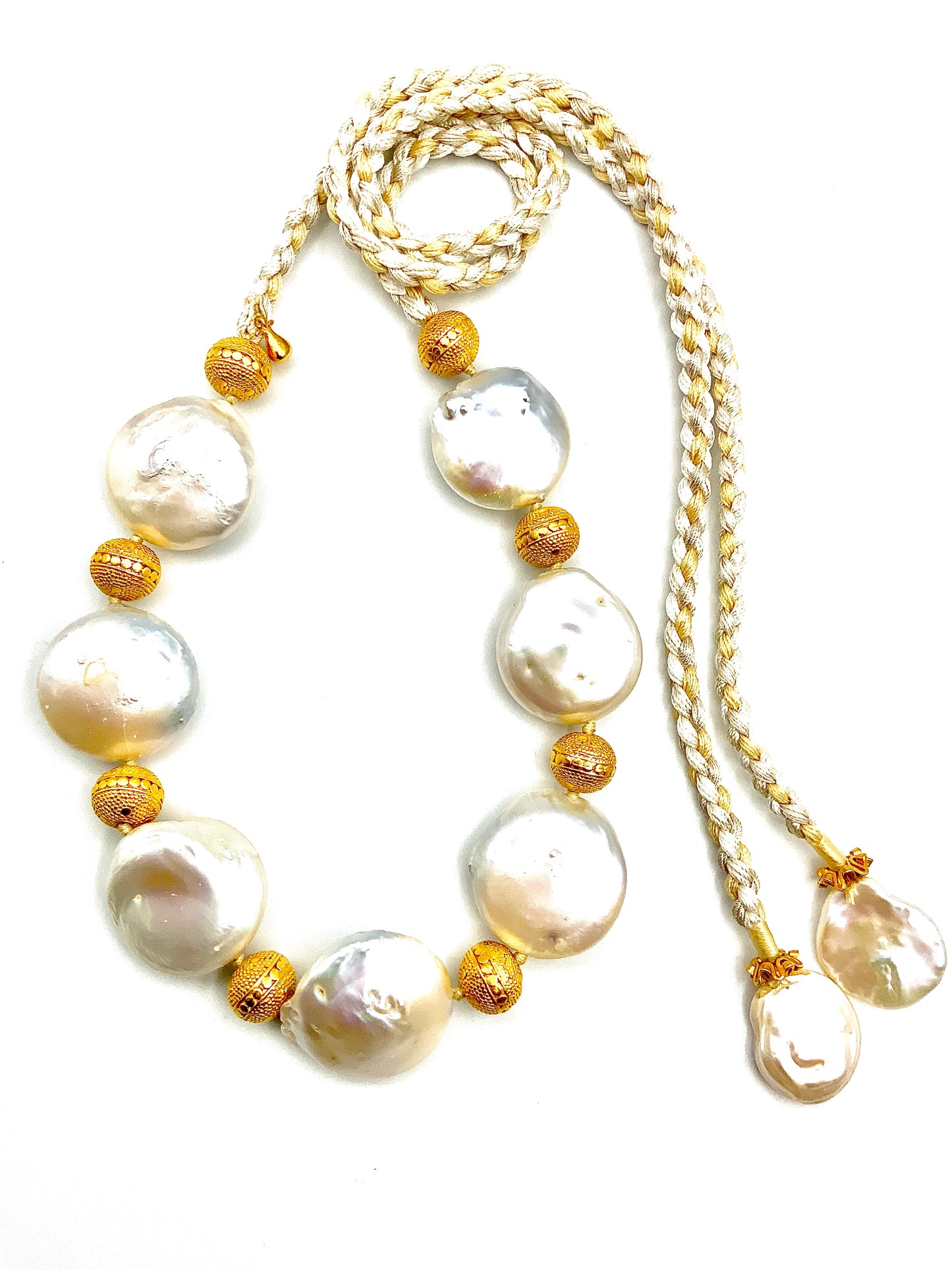 White Puff Coin Pearls & Round Gold Plated Sterling Silver Beads